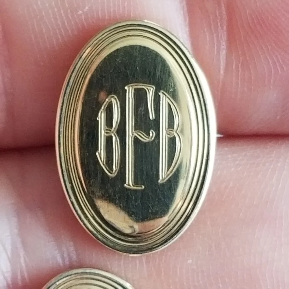 Vintage Krementz cuff links mens gold tone engraved monogram BFB orange